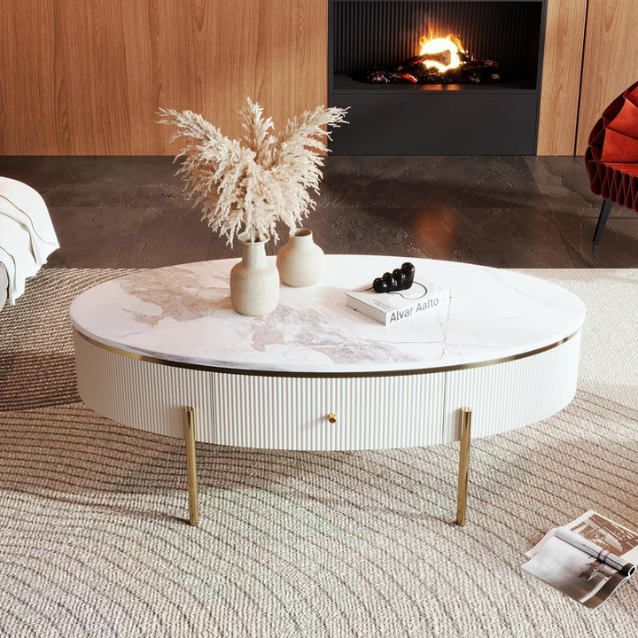 Merax Modern Oval Coffee Table with Storage Drawers, Off White