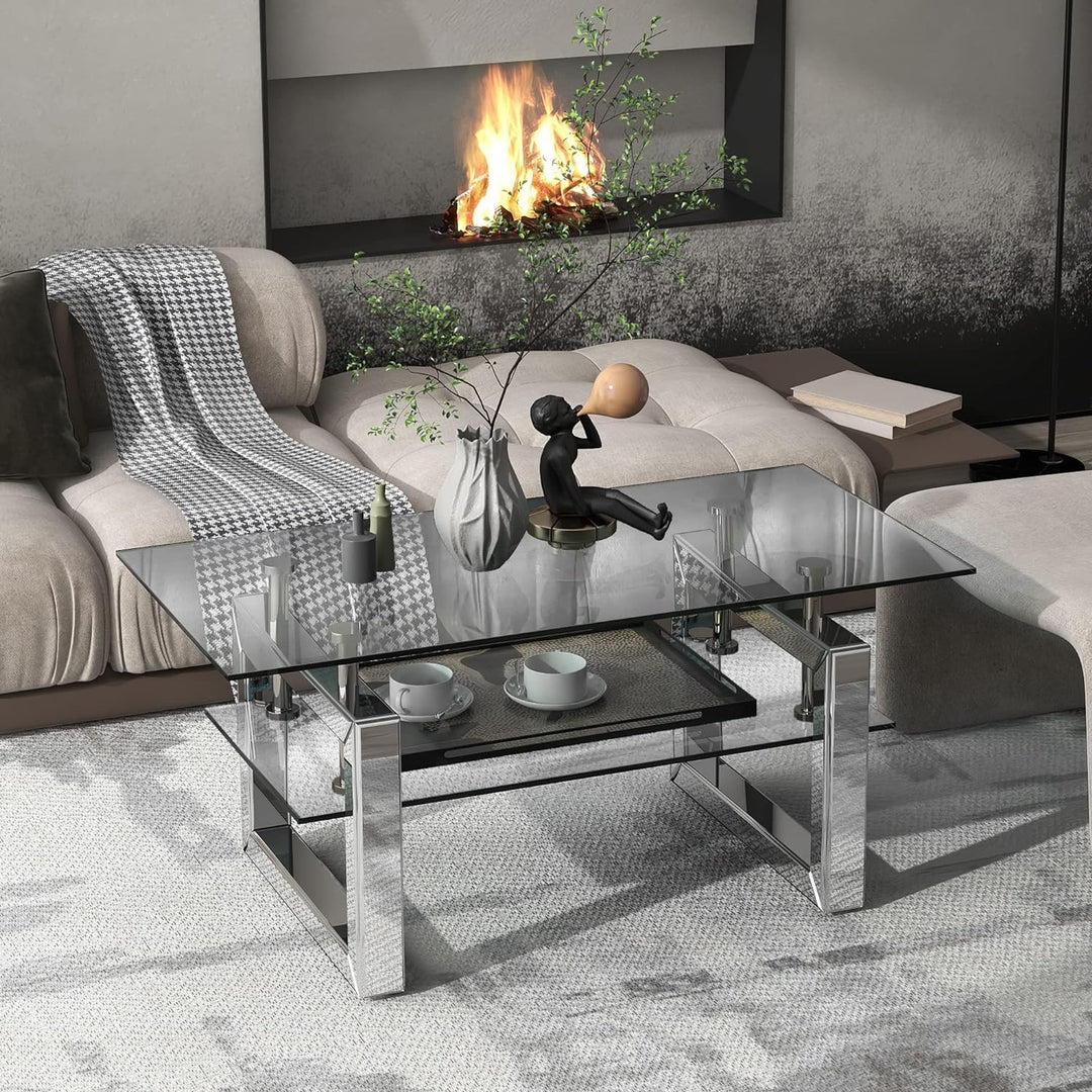 Glass Coffee Table, Modern Design with Lower Shelf, Mirrored Legs, Transparent