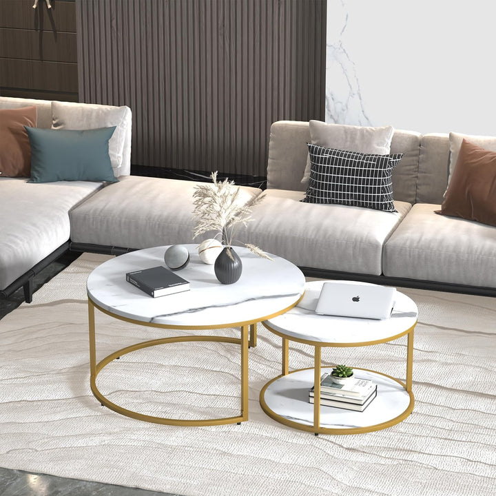 Elegant Modern Round Coffee Table Set, White