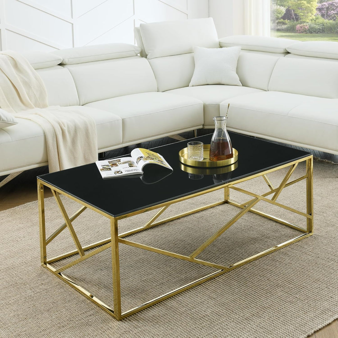 Modern Rectangular Glass Coffee Table, Black Tempered Glass Top, Gold