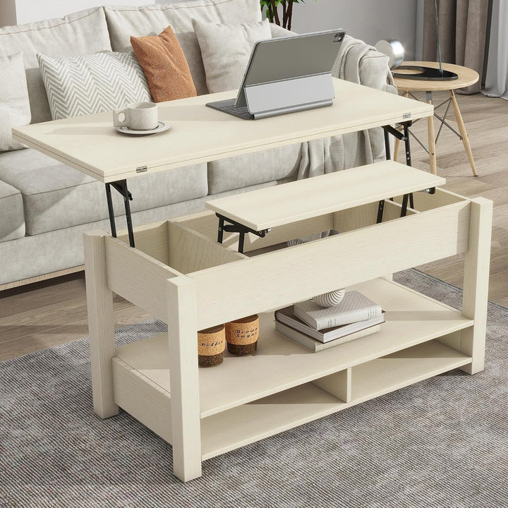 Merax Modern Lift Top Coffee Table, Convertible Dining, Rustic Ivory