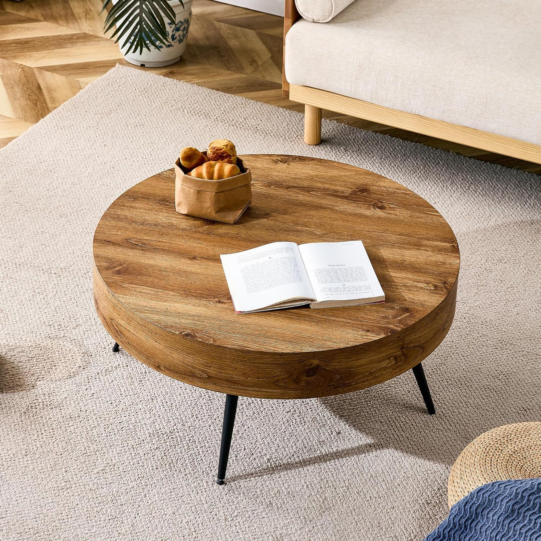 Rustic Round Coffee Table with Metal Legs, Brown