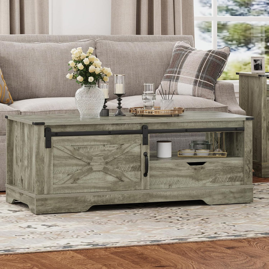 Farmhouse Coffee Table with Storage, Rustic Living Room Table, Light Grey