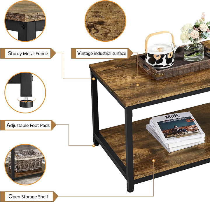 Rustic 2-Tier Industrial Coffee Table with Storage Shelf, Rectangular Side End Table