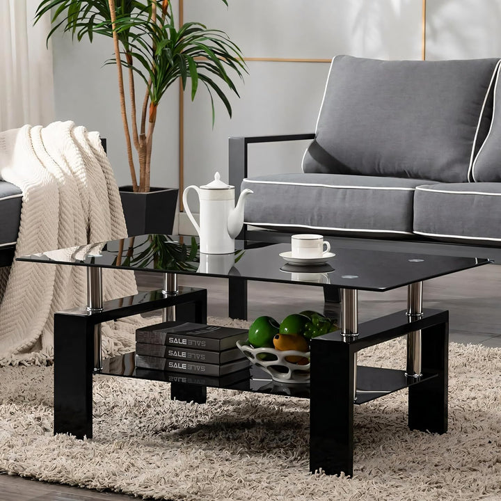 Living Room Glass Coffee Table, Tempered Glass Top, 2-Tier Shelf, Black