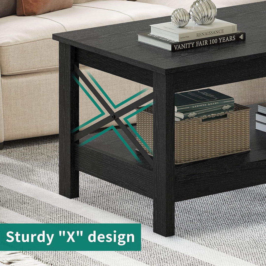 Modern Farmhouse Coffee Table with Storage, 2-Tier Center Table