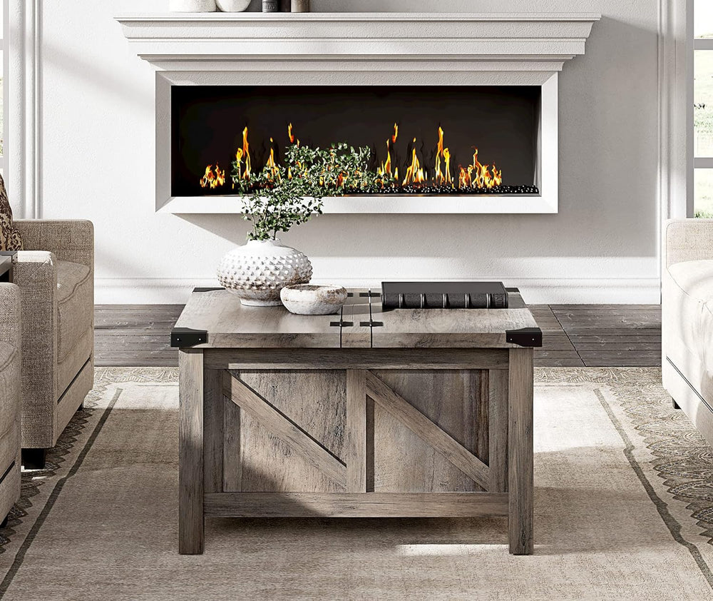 Rustic Farmhouse Coffee Table with Lift Top, Wash Grey