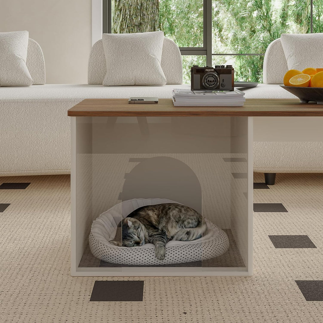 Farmhouse Coffee Table with Cat House, Wooden Modern Accent, White & Brown