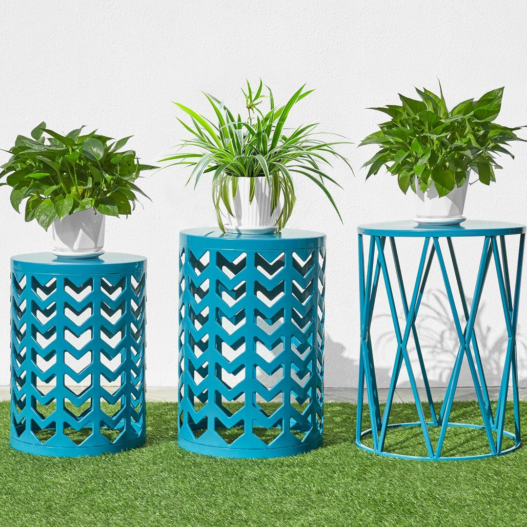 Nesting Side Table Set, Decorative Round Garden Stools, Modern End Table, Blue