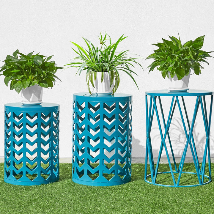 Nesting Side Table Set, Decorative Round Garden Stools, Modern End Table, Blue