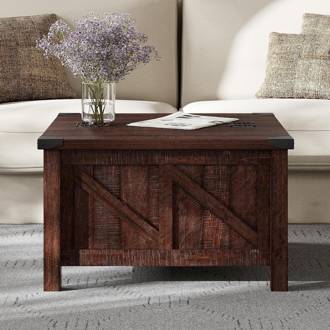 Modern Farmhouse Coffee Table, Square Wood Center Table, Rustic Brown