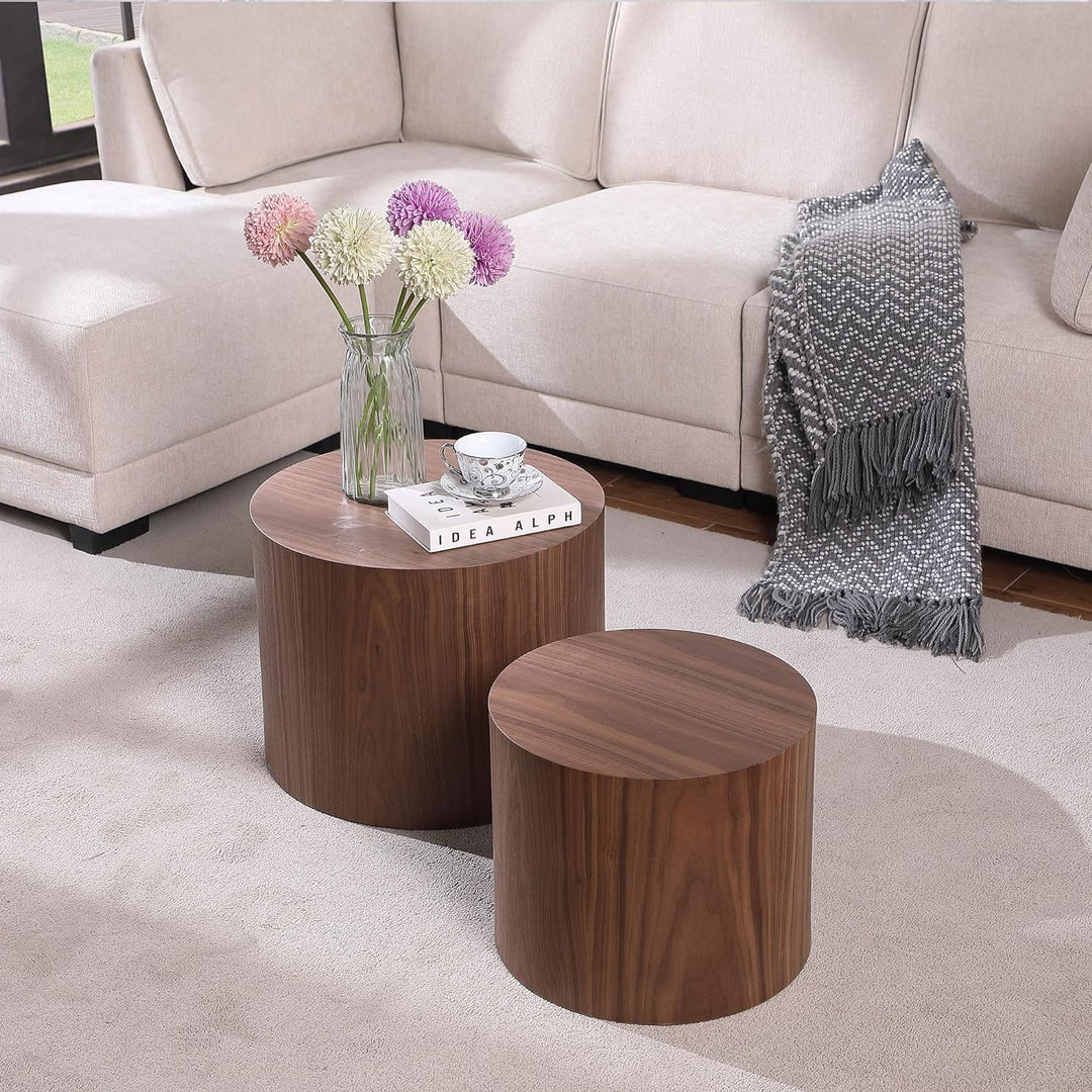 Optimized Coffee Table Set, Modern Round Walnut, Wooden Circle