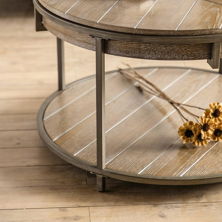 Rustic Round Wood Coffee Table, 2-Tier Farmhouse Circle Design