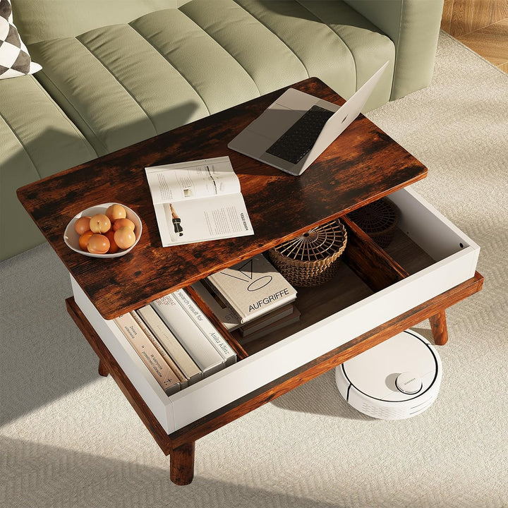 Meilocar Lift Top Coffee Table with Hidden Compartment, Rustic Brown