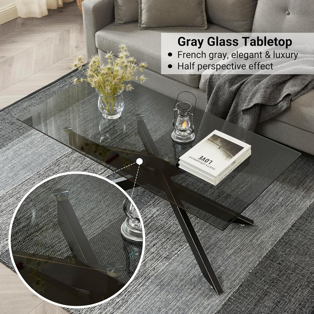 Rectangle Modern Coffee Table, Gray Tempered Glass Top, Black