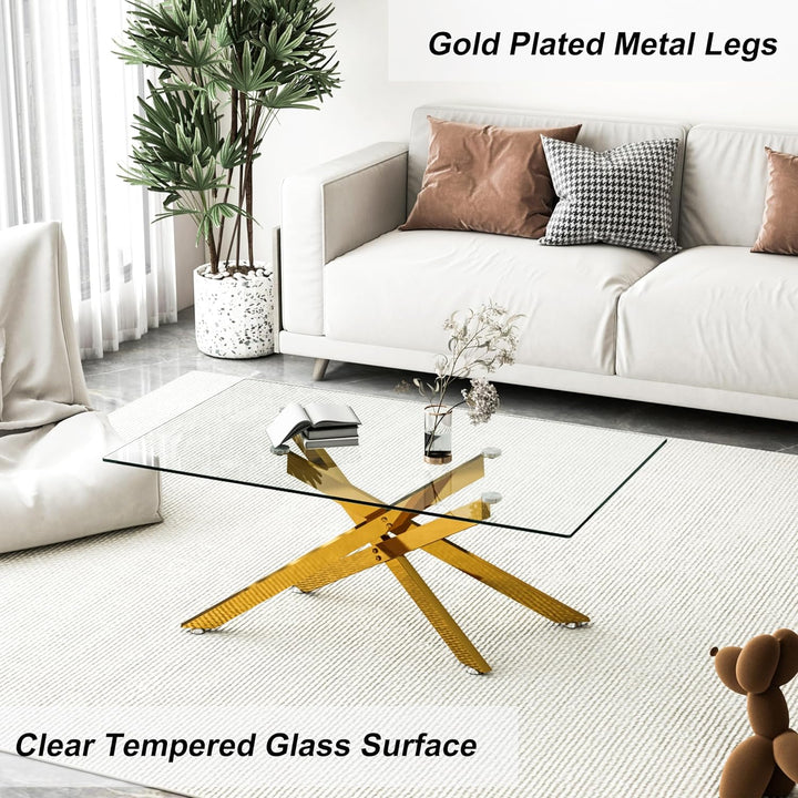 Modern Glass Coffee Table, Clear Tempered Glass, Golden Legs, Gold