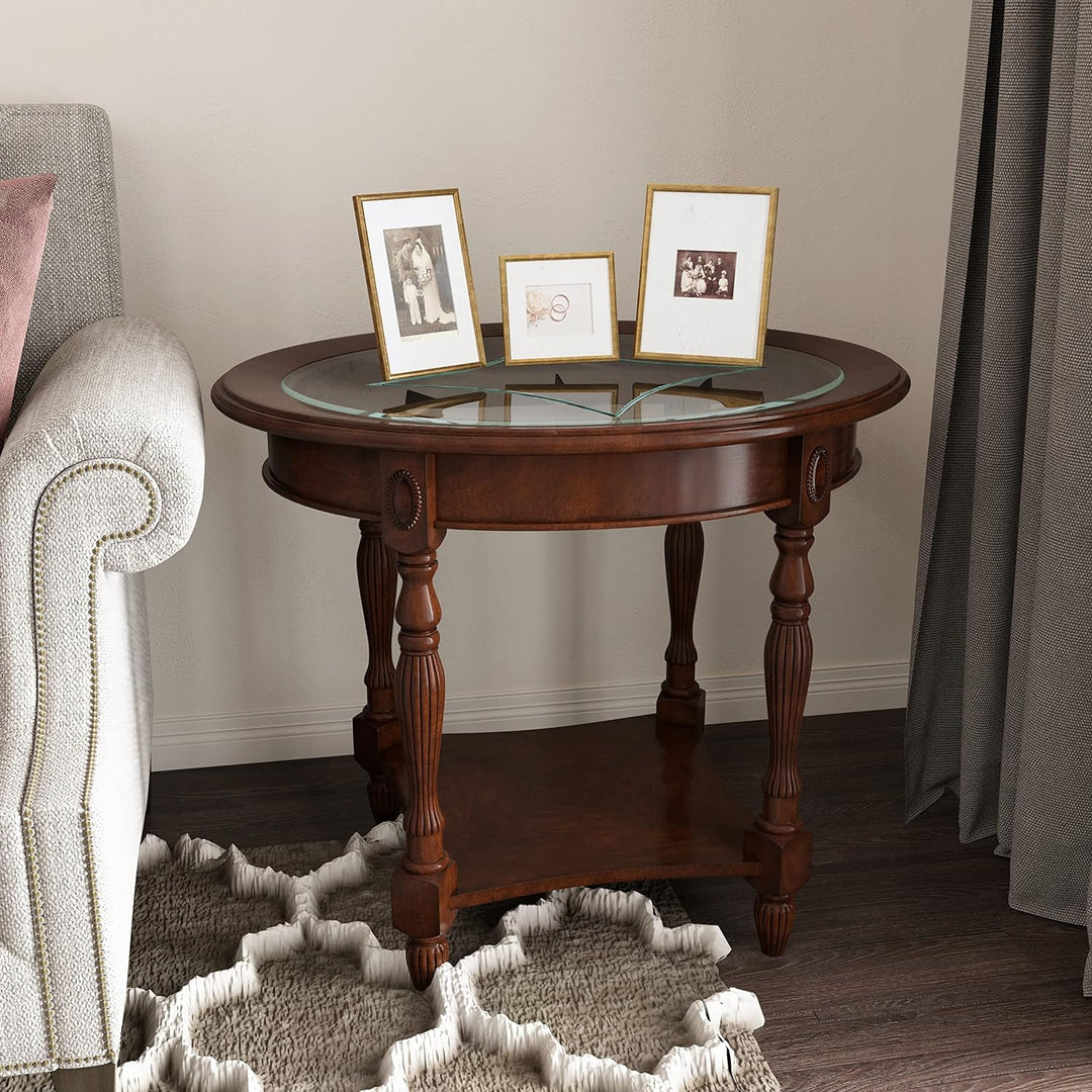 Solid Wood Oval End Table w/ Glass Top