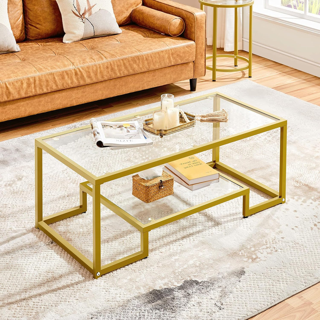 Yaheetech Gold Rectangular Glass Coffee Table for Living Room