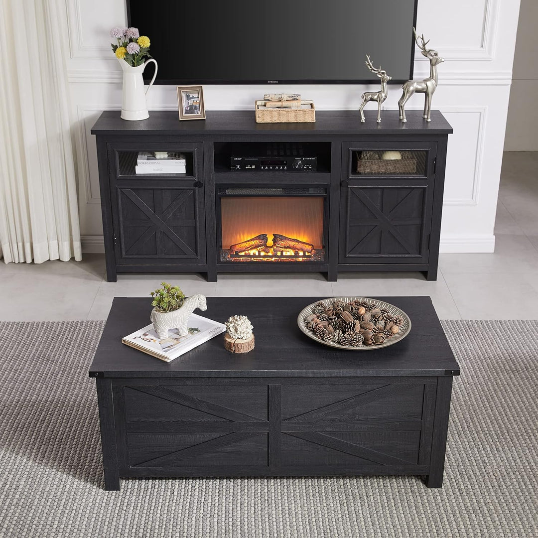 Farmhouse Coffee Table with Storage Drawers, Rustic Cocktail Table, Black