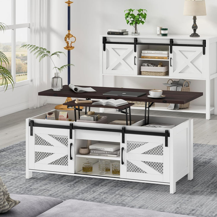 47.2" Lift Top Coffee Table with Sliding Barn Doors, White