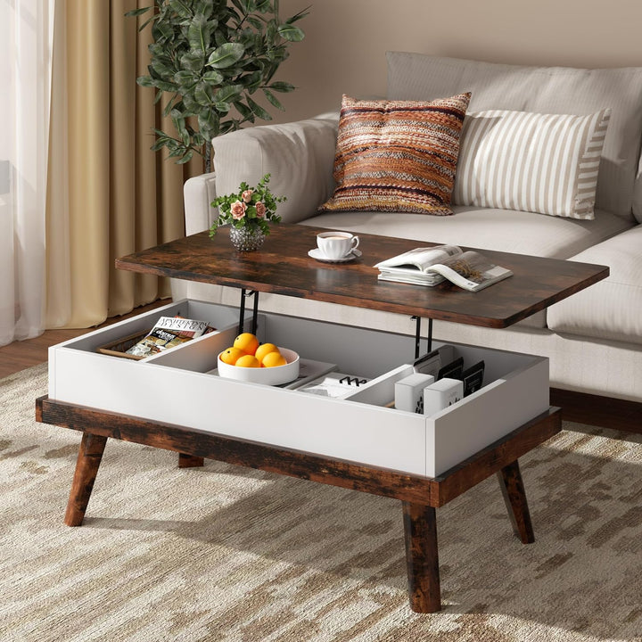 Shintenchi Lift Top Coffee Table with Hidden Compartment, Rustic Brown