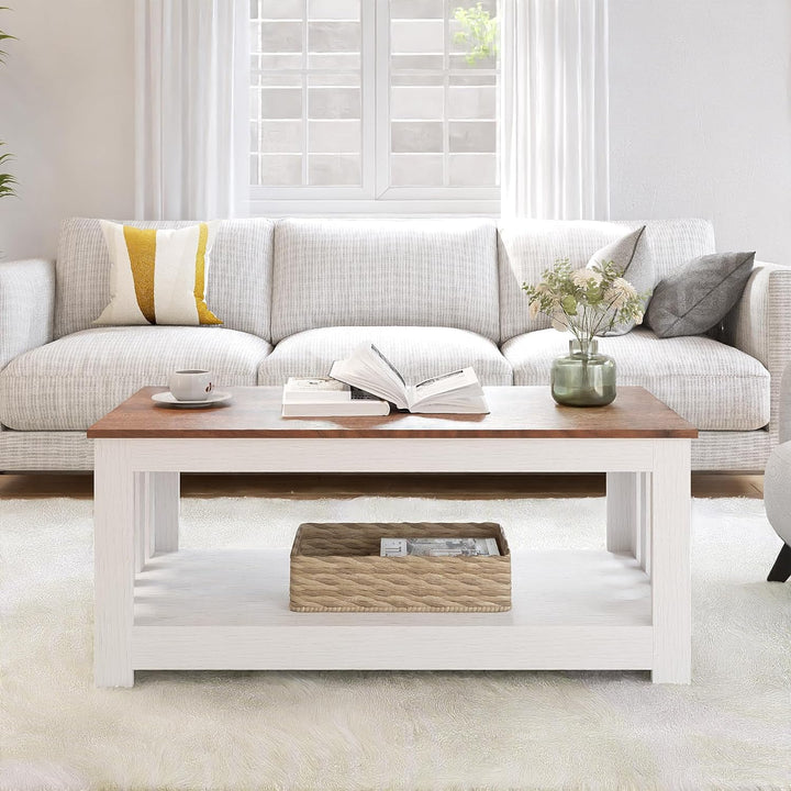 Elegant Wooden Coffee Table with Storage - Walnut & White