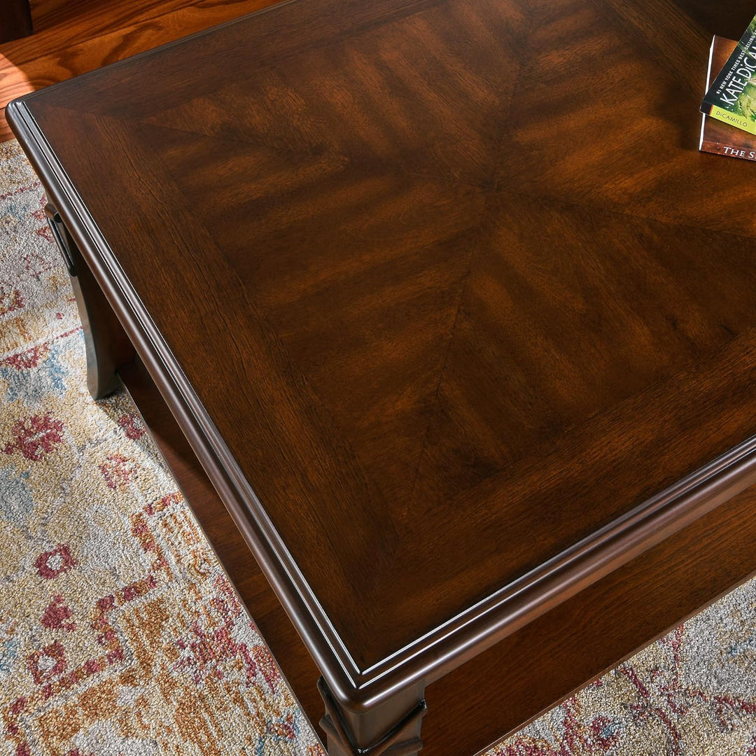 Solid Wood Coffee Table with Storage Shelf, Mid-Century Design, Cherry Brown