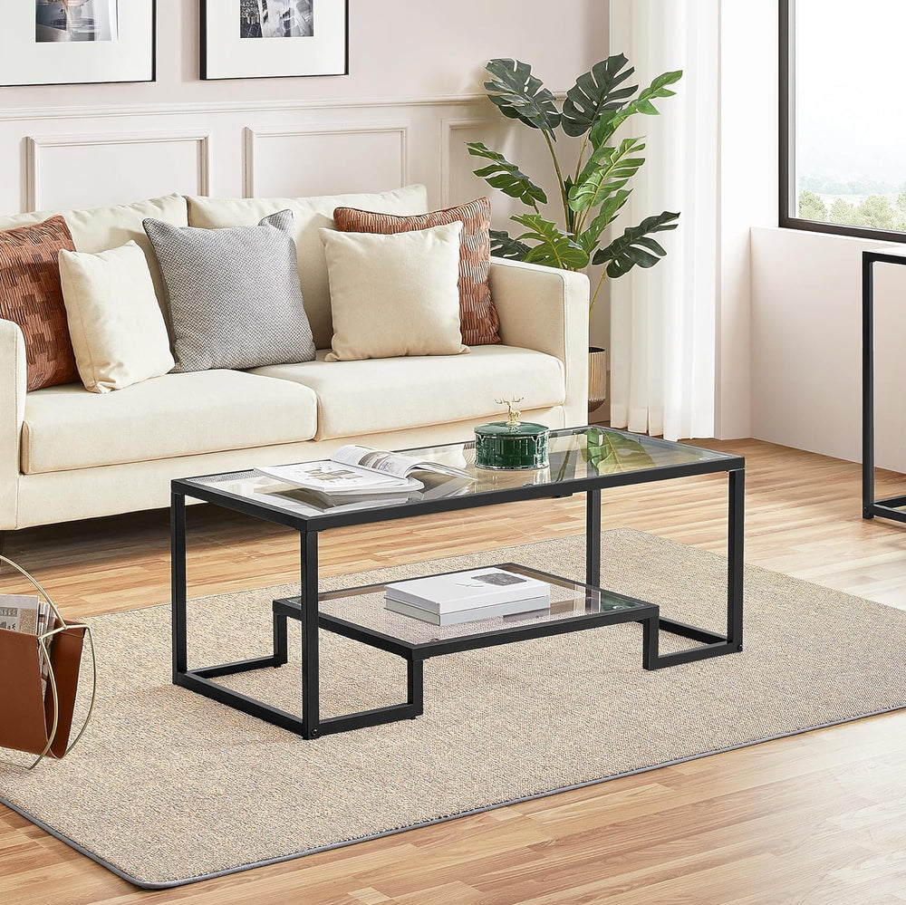 Tempered Glass Coffee Table, Geometric Design, Metal Frame, Black