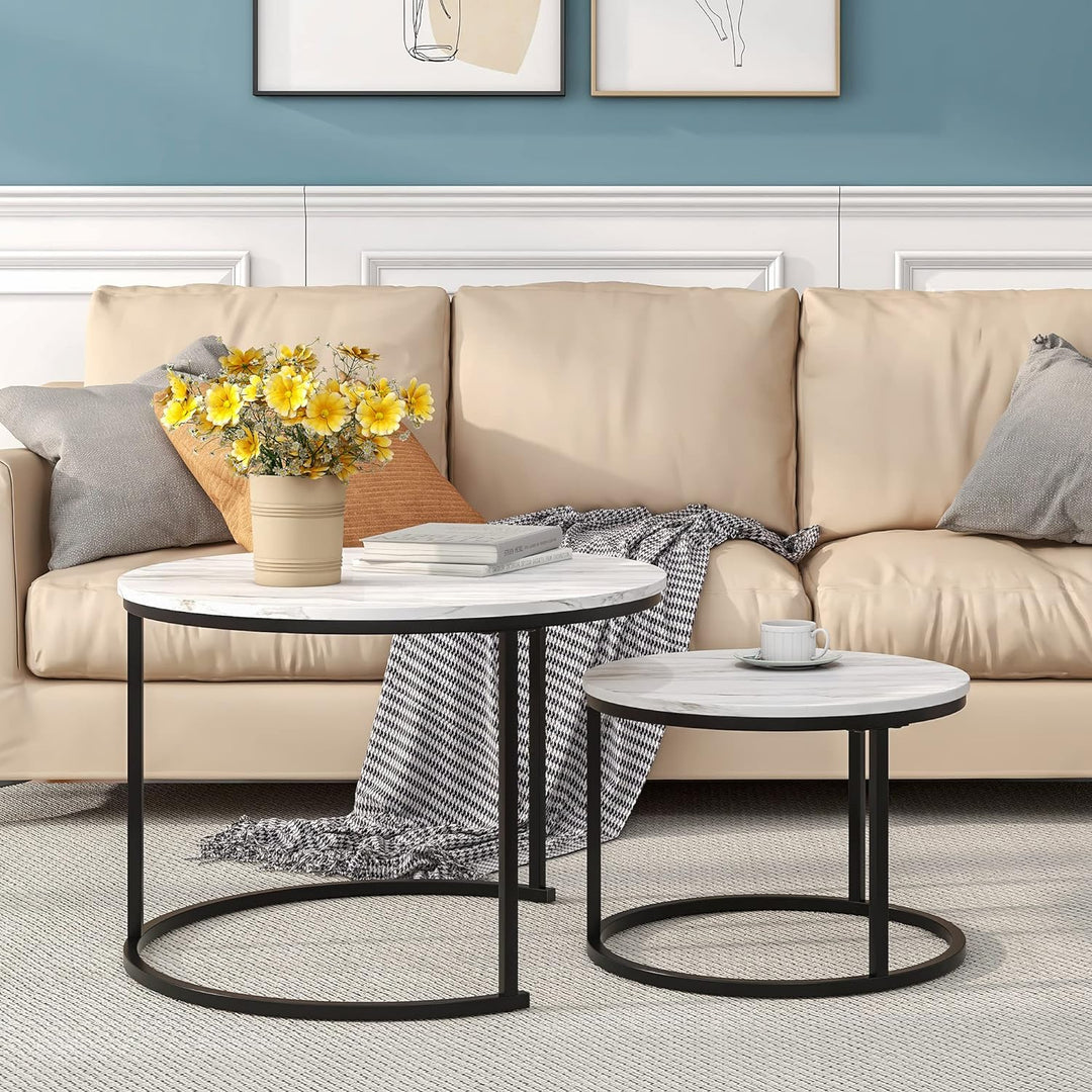 Nesting Round Coffee Table Set, Circular Marble Accent Tables, Black