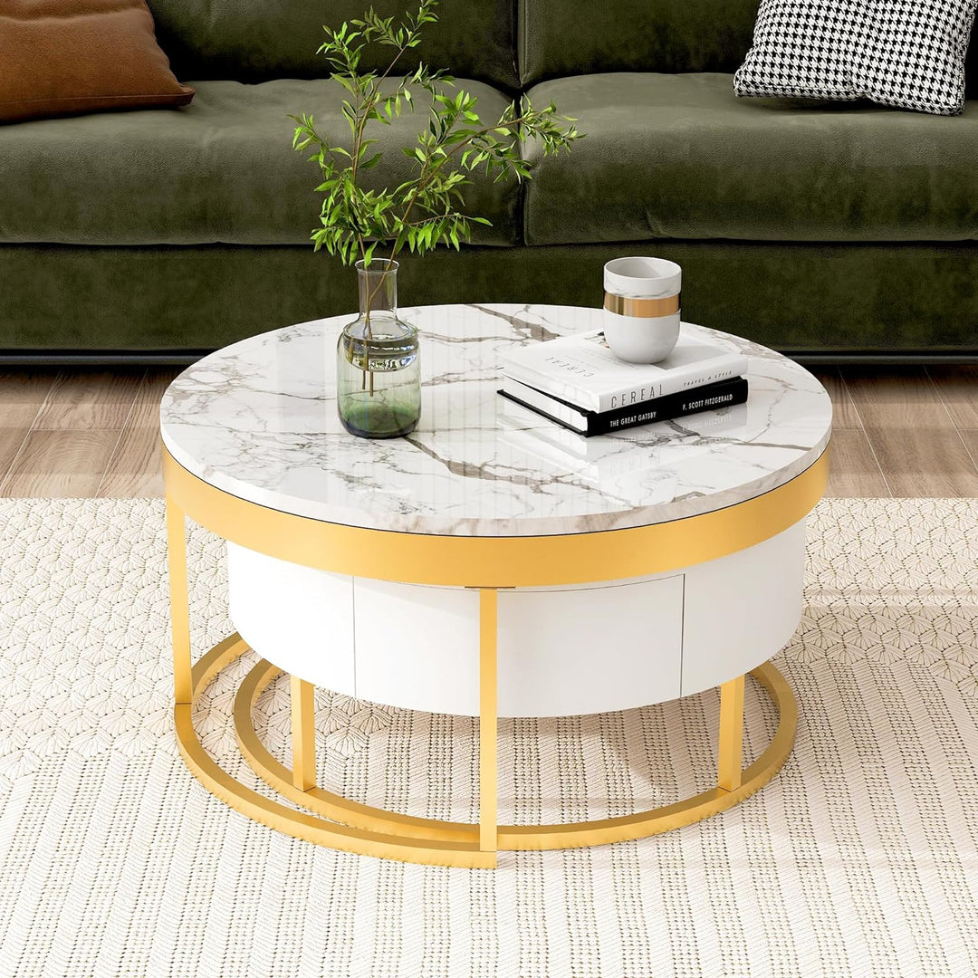 Modern Round Nesting Coffee Table with Drawers, Goldenwhite