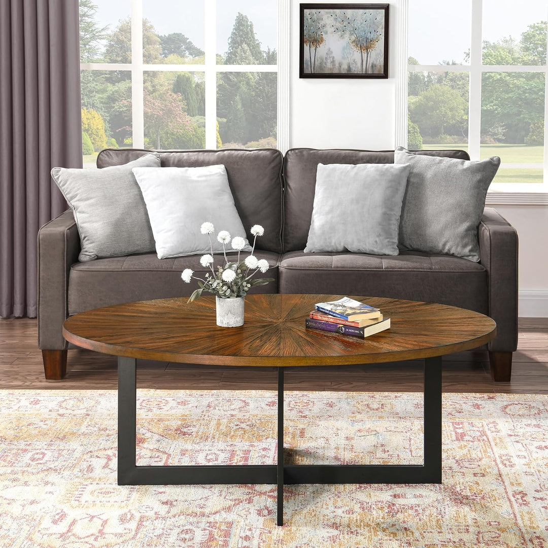 Oval Coffee Table, Solid Wood and Metal, Natural Brown