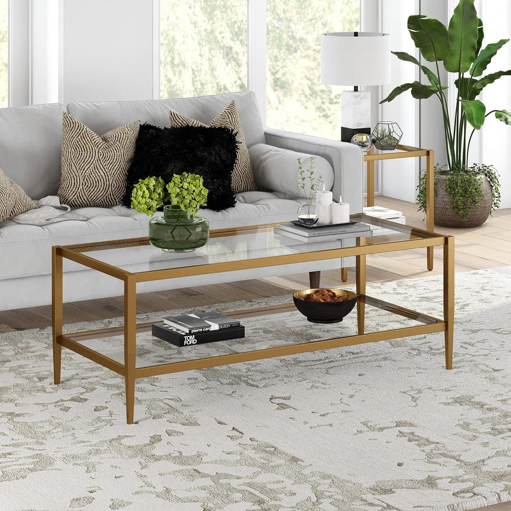 Rectangular Coffee Table with Glass Shelf, Antique Brass