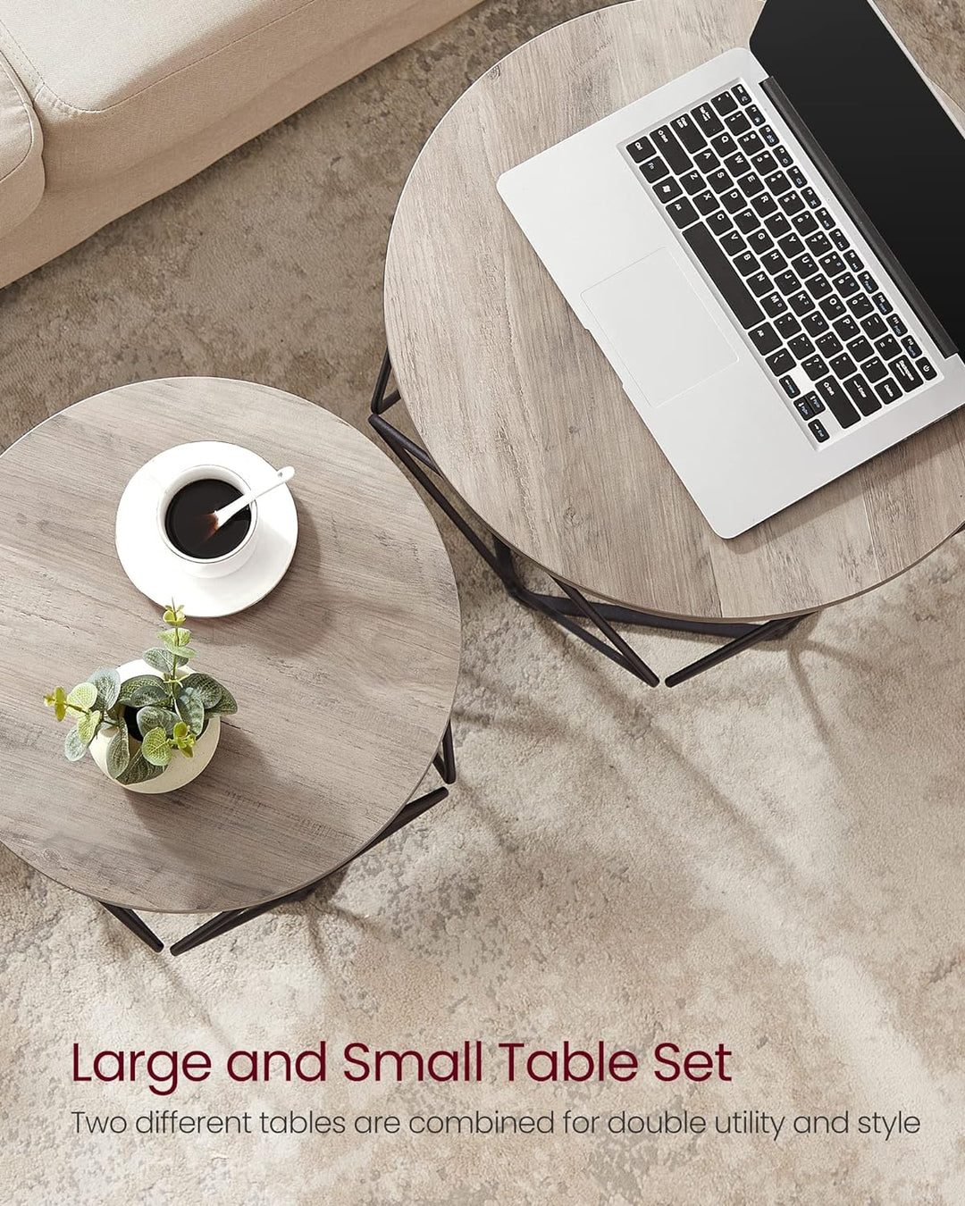 Versatile Small Coffee Table Set, Round Side Tables, Greige and Black