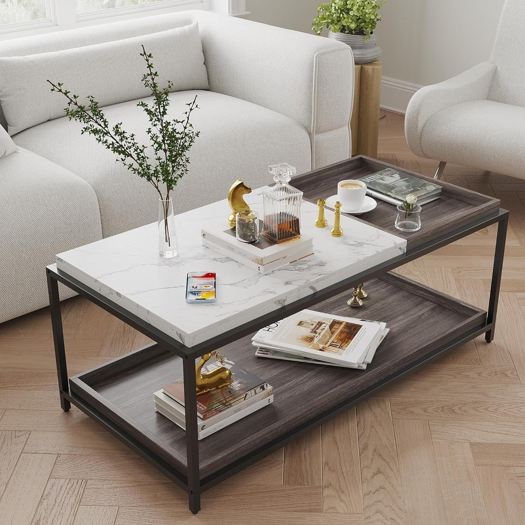 Convertible Faux Marble Coffee Table w/ Removable Trays, Walnut