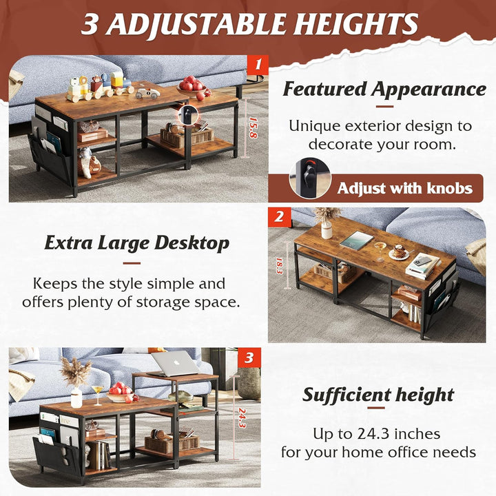 Rustic Brown Adjustable Coffee Table Set with End Table