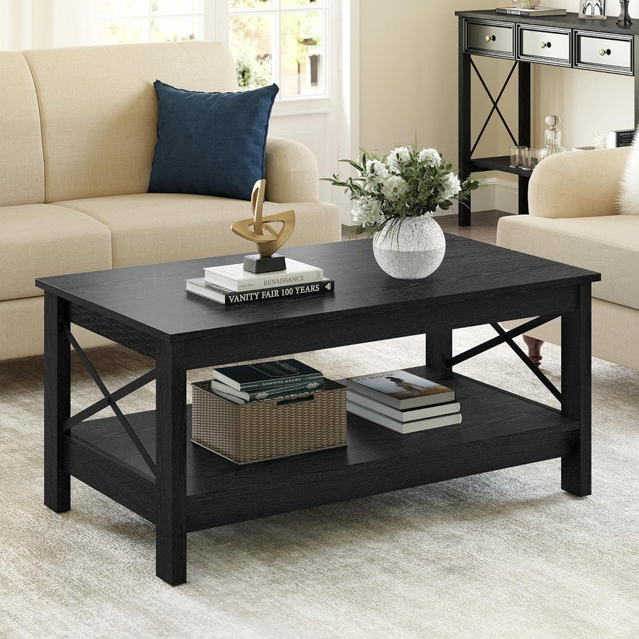 Modern Farmhouse Coffee Table with Storage, 2-Tier Center Table