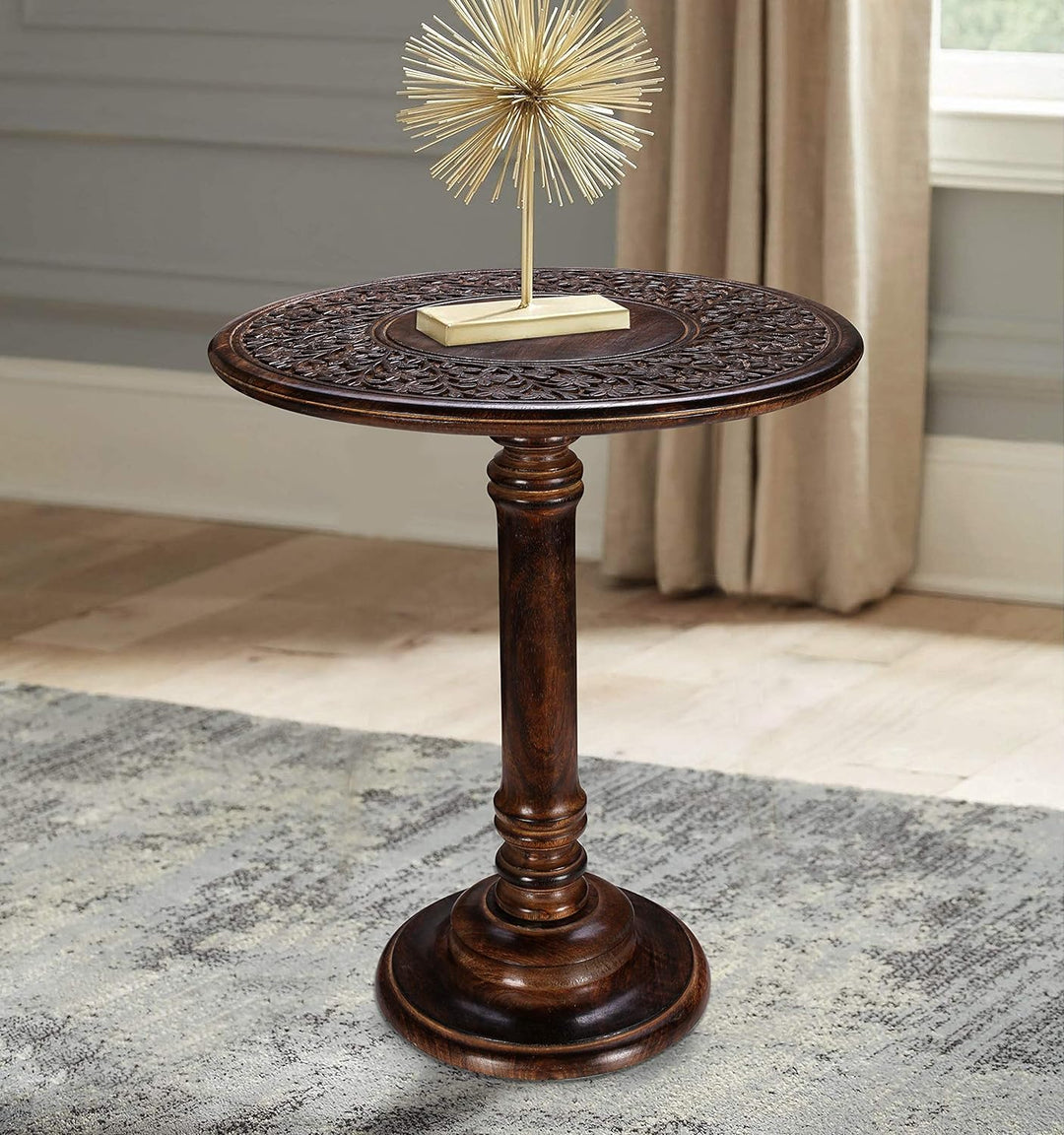 Coffee Table Wooden, Wooden End Table with Single Pillar