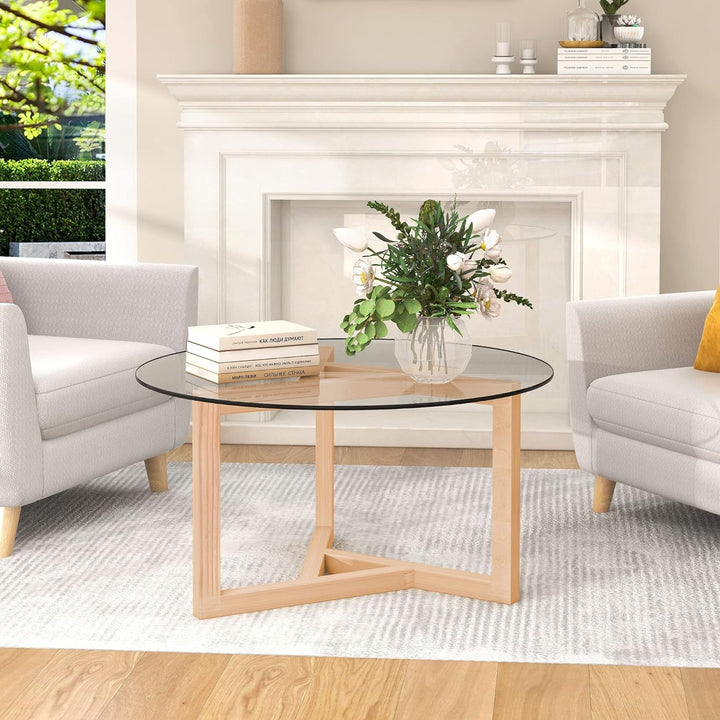 Stylish Round Glass Coffee Table, Naturalwood