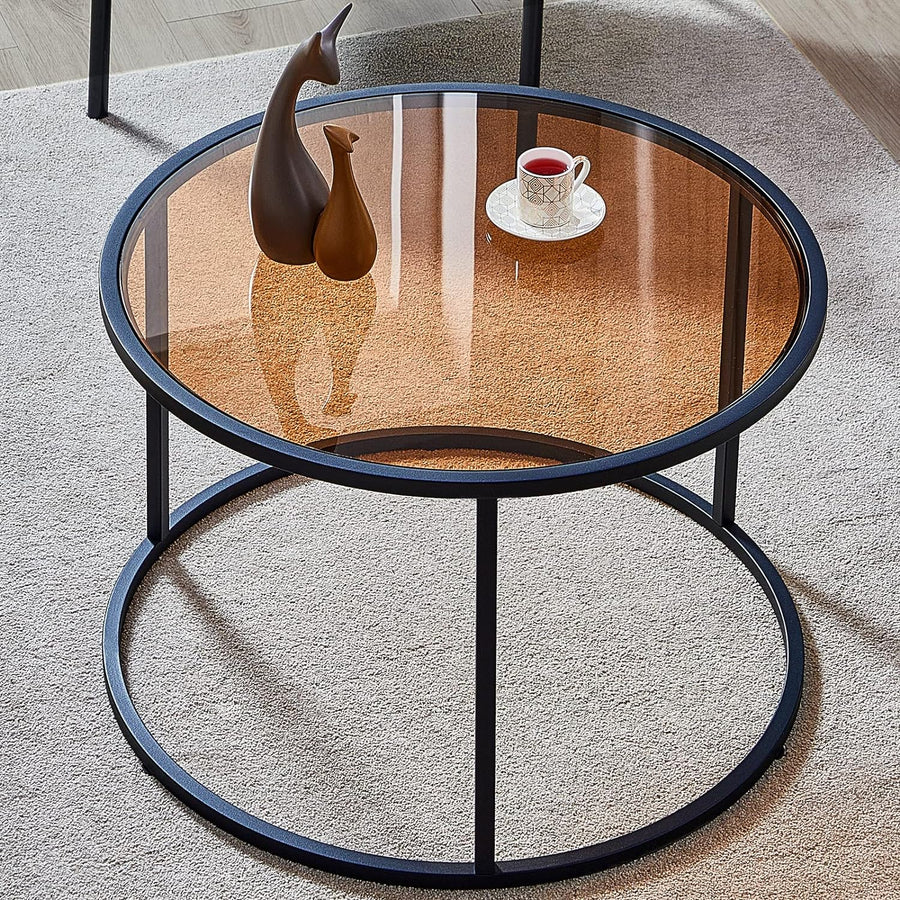 Glass Coffee Table Round Modern for Living Room, Brown Black