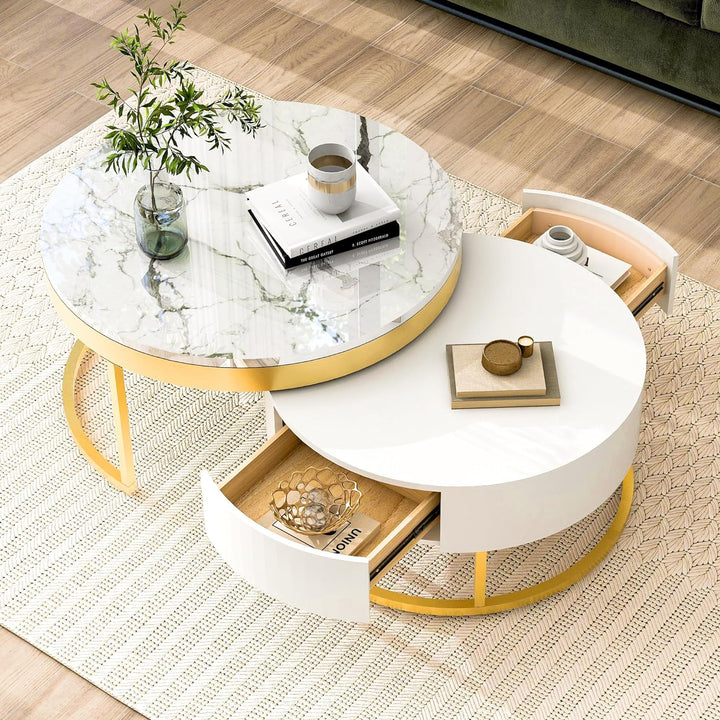 Modern Round Nesting Coffee Table with Drawers, Goldenwhite