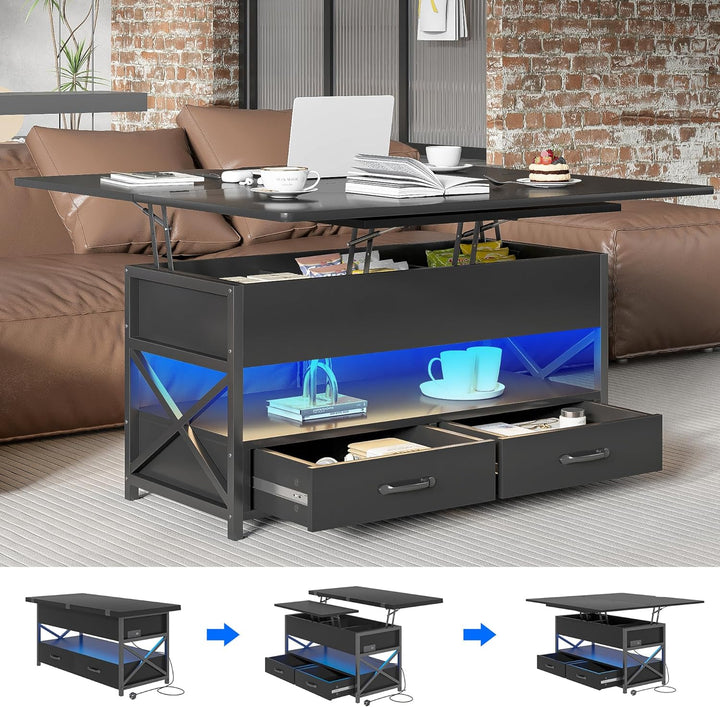 Farmhouse Coffee Table with LED Light, Power Outlet, Hidden Compartments, Black