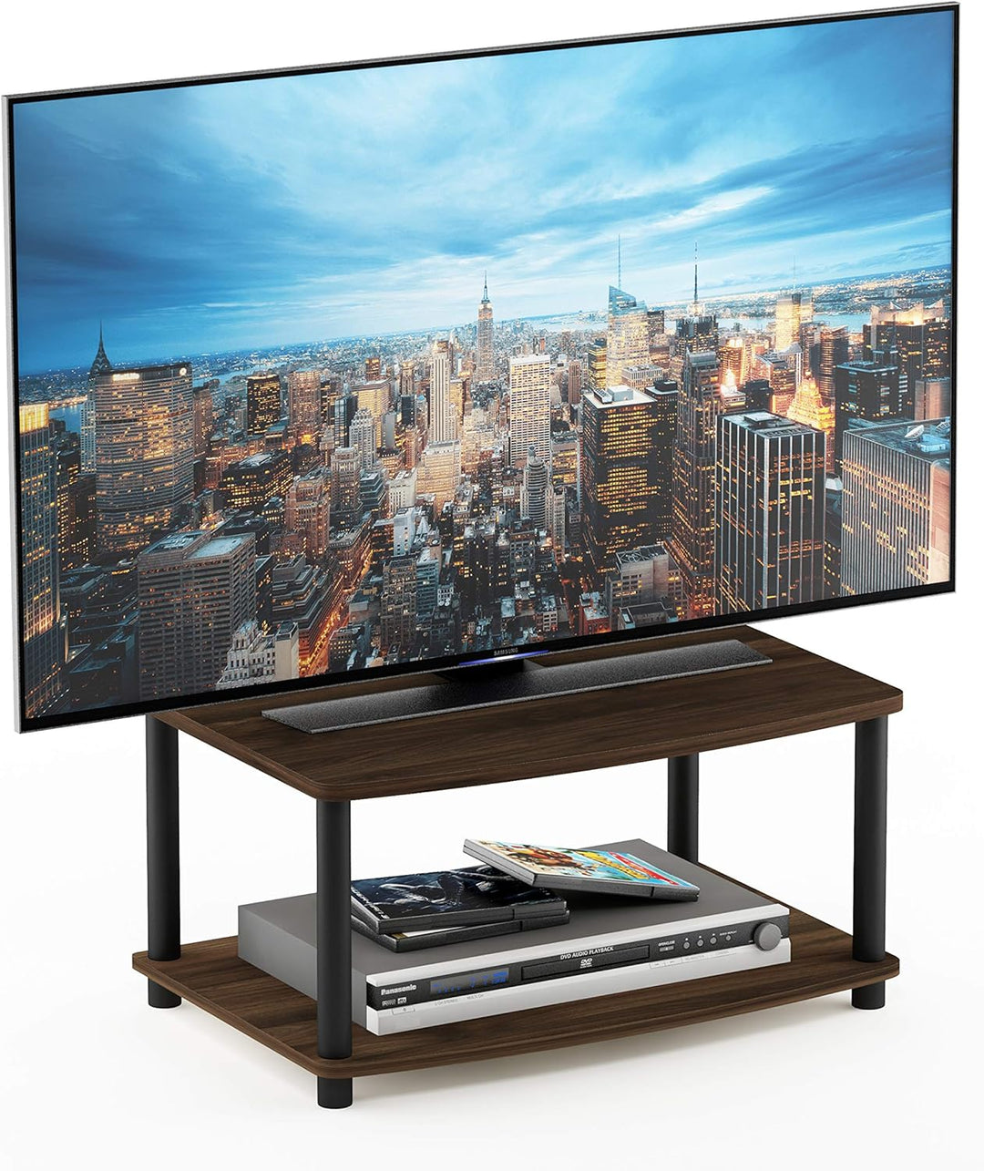 Elevated TV Stand, 2 Tiers, Plastic Tubes, Columbier Walnut/Black