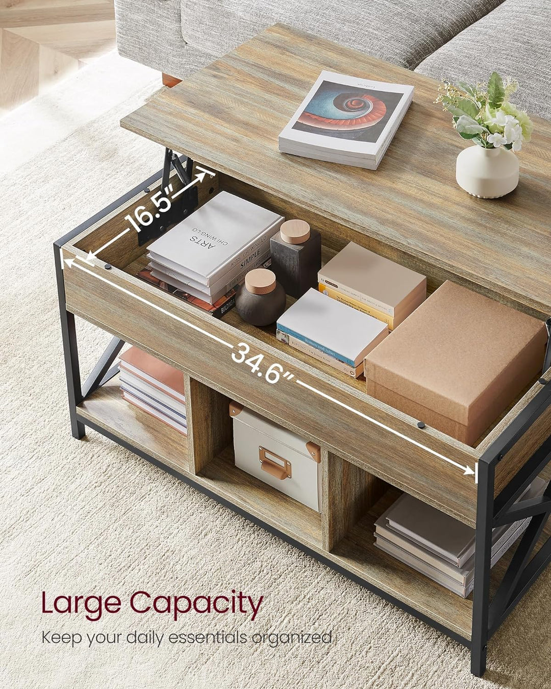 VASAGLE Lift Top Coffee Table with Hidden Storage, Oak Blue