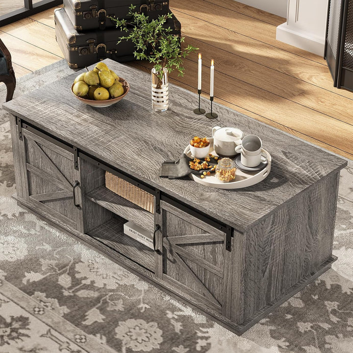 Rustic Farmhouse Coffee Table, Sliding Barn Doors, Adjustable Shelves, Walnut