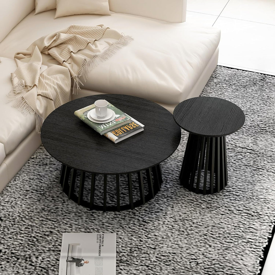 35" Black Round Coffee Table, Modern Nesting Coffee Table Set of 2, Black