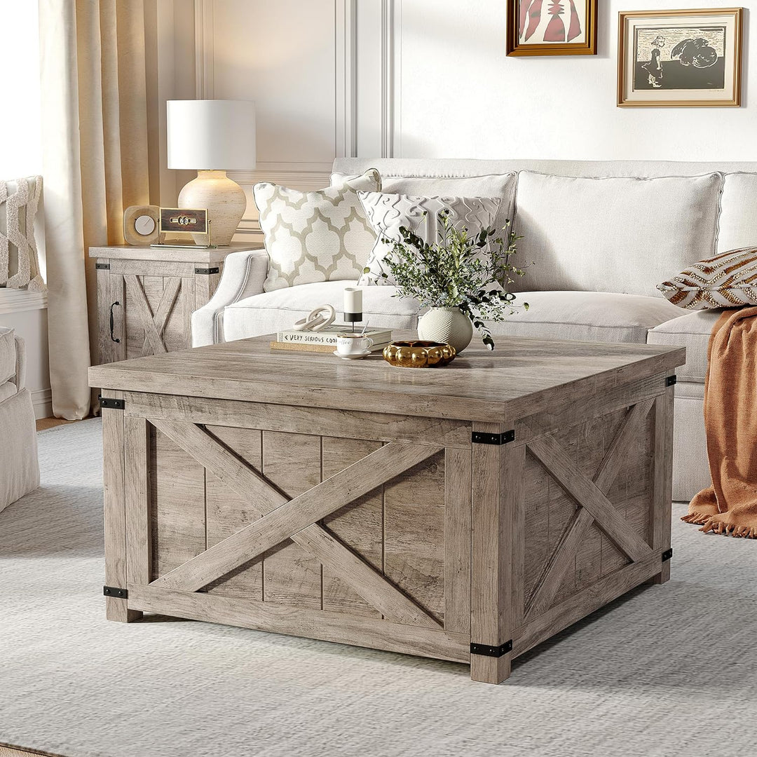 EnHomee Lift Top Coffee Table, Farmhouse, Hidden Storage, Grey