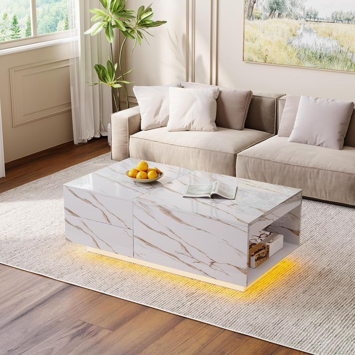 LED Coffee Table, Modern Center Table with Drawers, Ivory White