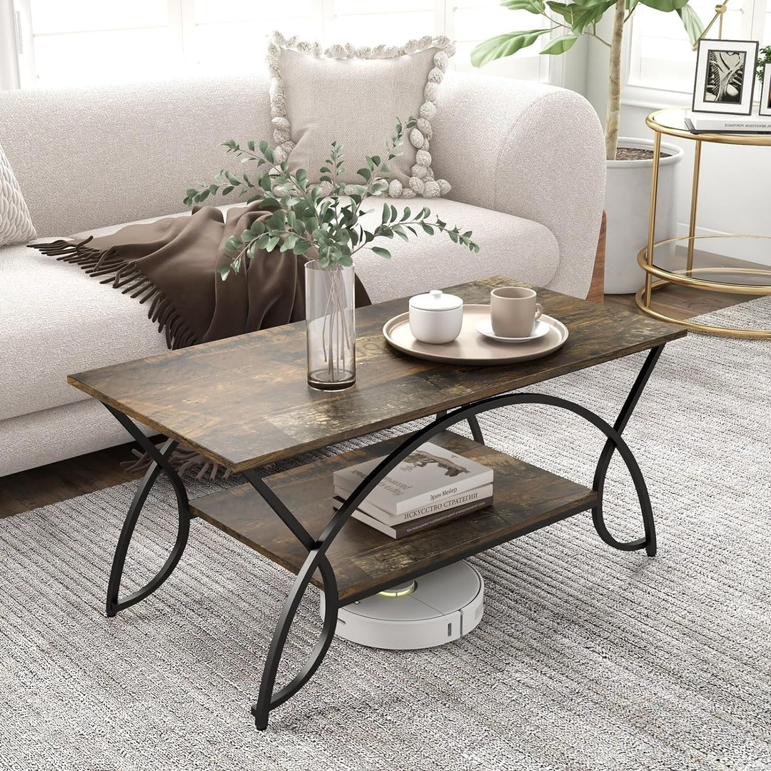 COSTWAY Industrial Wood Accent Table, 2-Tier Coffee Table, Rustic Brown