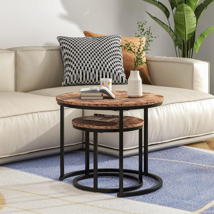 Rustic Round Coffee Table Set, Sturdy Metal Frame, Stacking