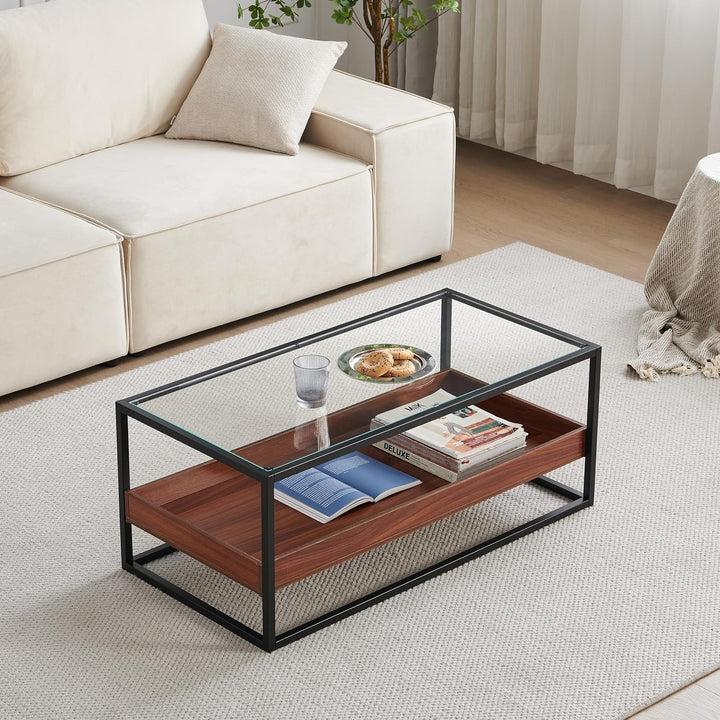 Dual-Layer Glass Coffee Table, Walnut Wood Panels, Black Frame